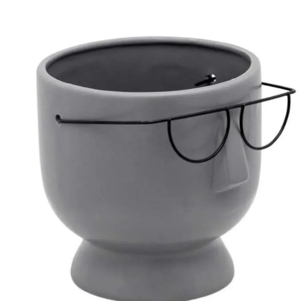Face with glasses 6in ceramic planter gray